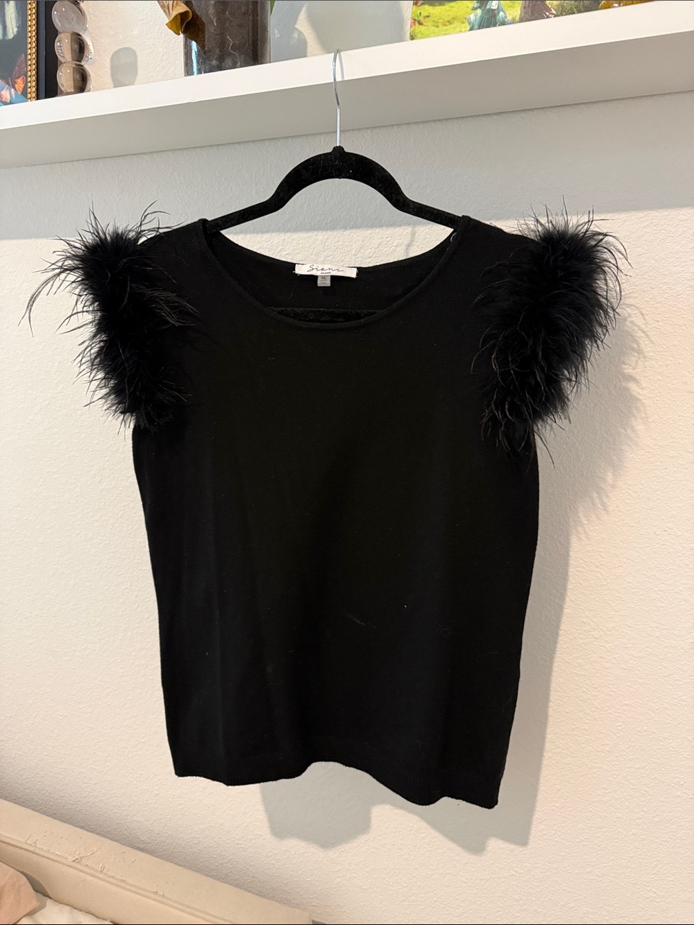 Black Feather-Trim Sleeveless Tank